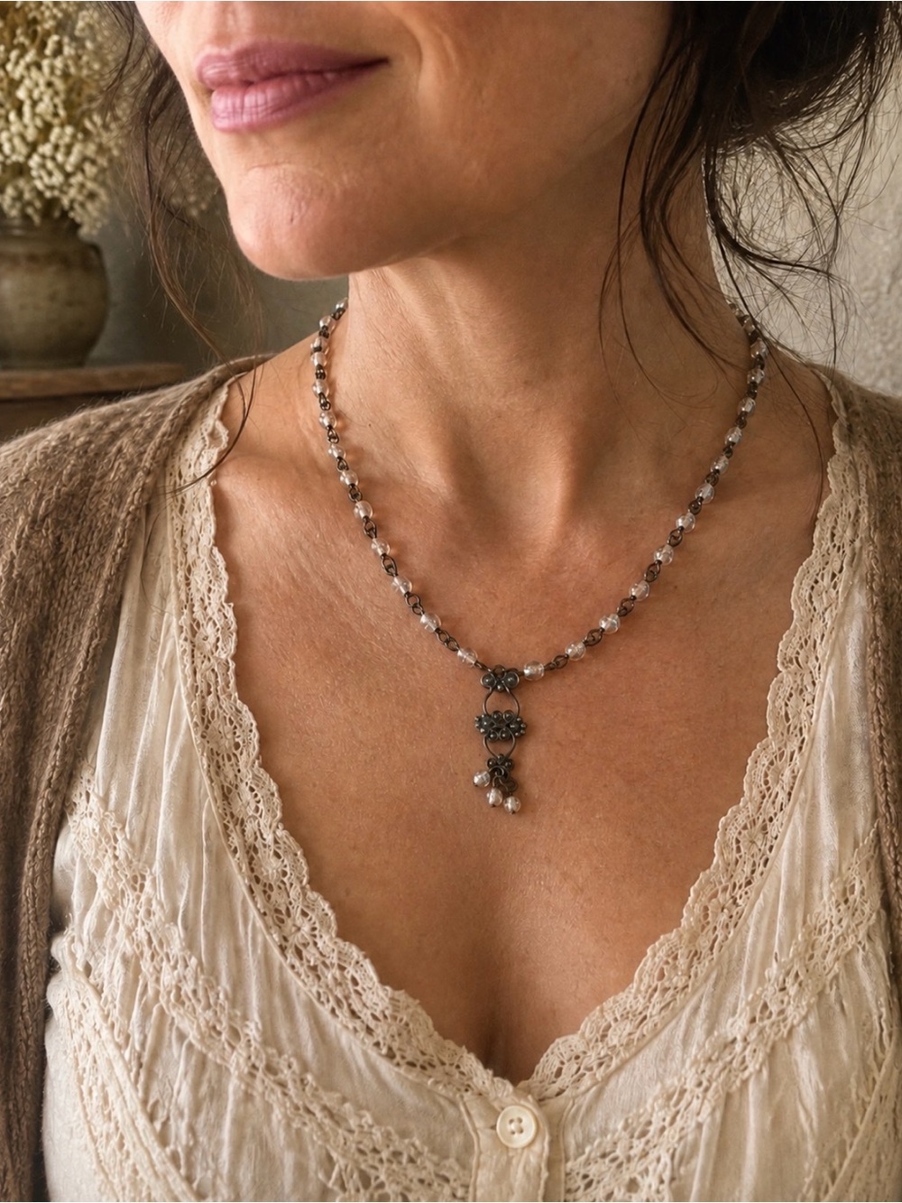 Vintage Artisan Glass Bead Necklace Oxidized Metal Filigree Pendant 16”